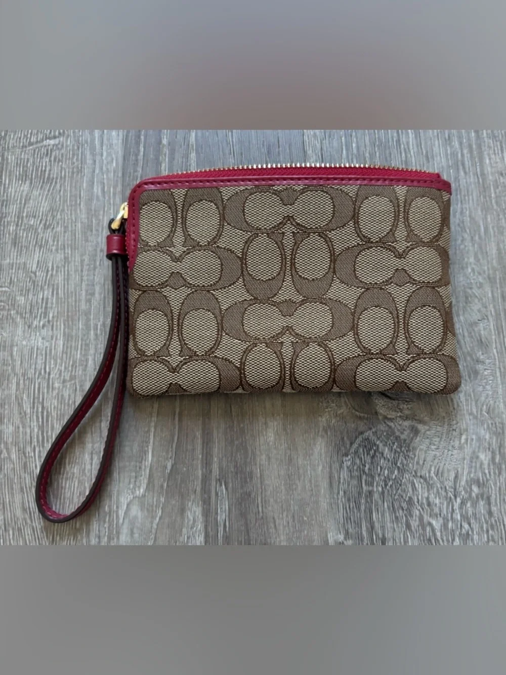 NWOT Coach Brown Signature Canvas Wristlet with Red Trim